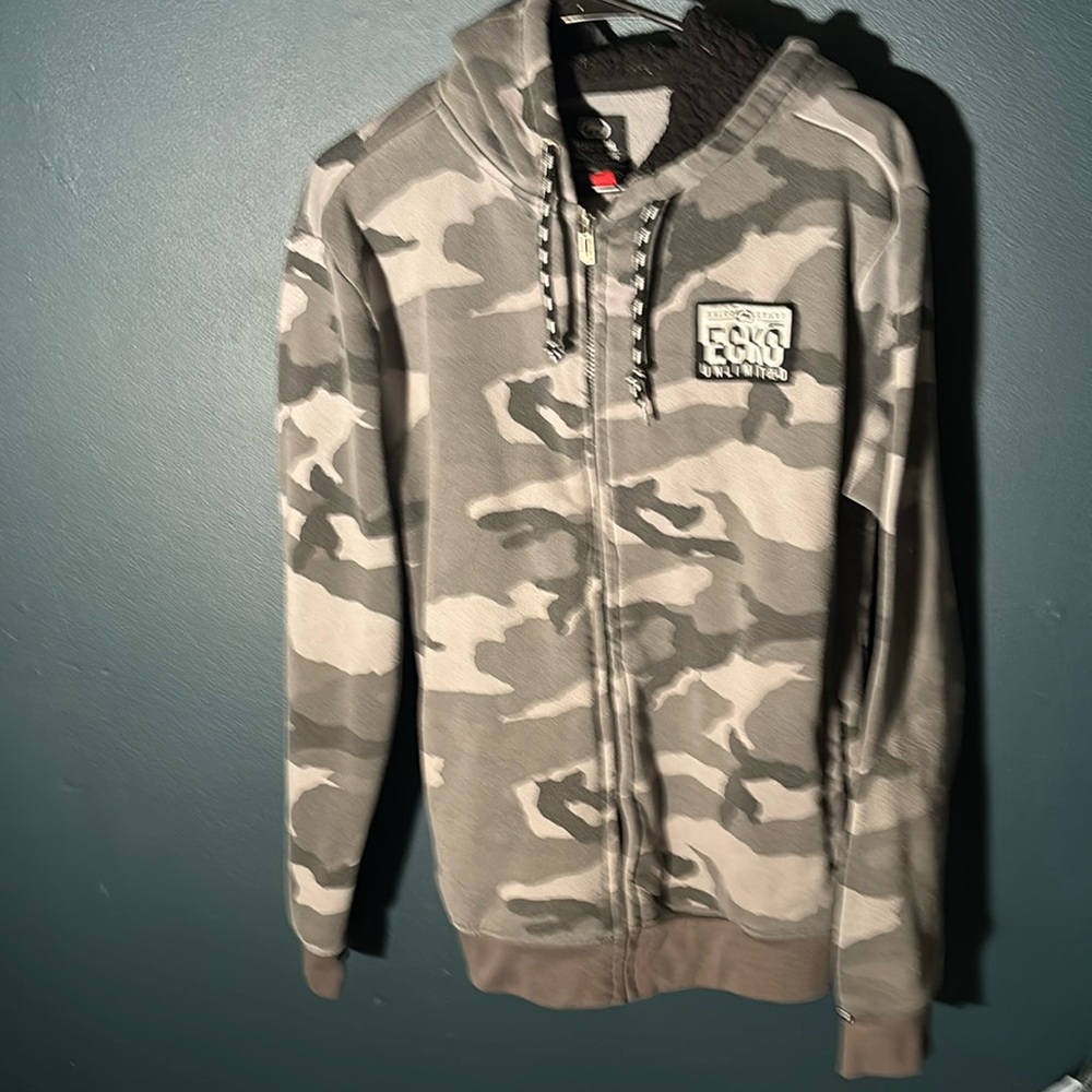 Y2K Ecko Unltd Rhino Sherpa Lined Zip-Up Camo Hoodie Gray/Black Size Medium
